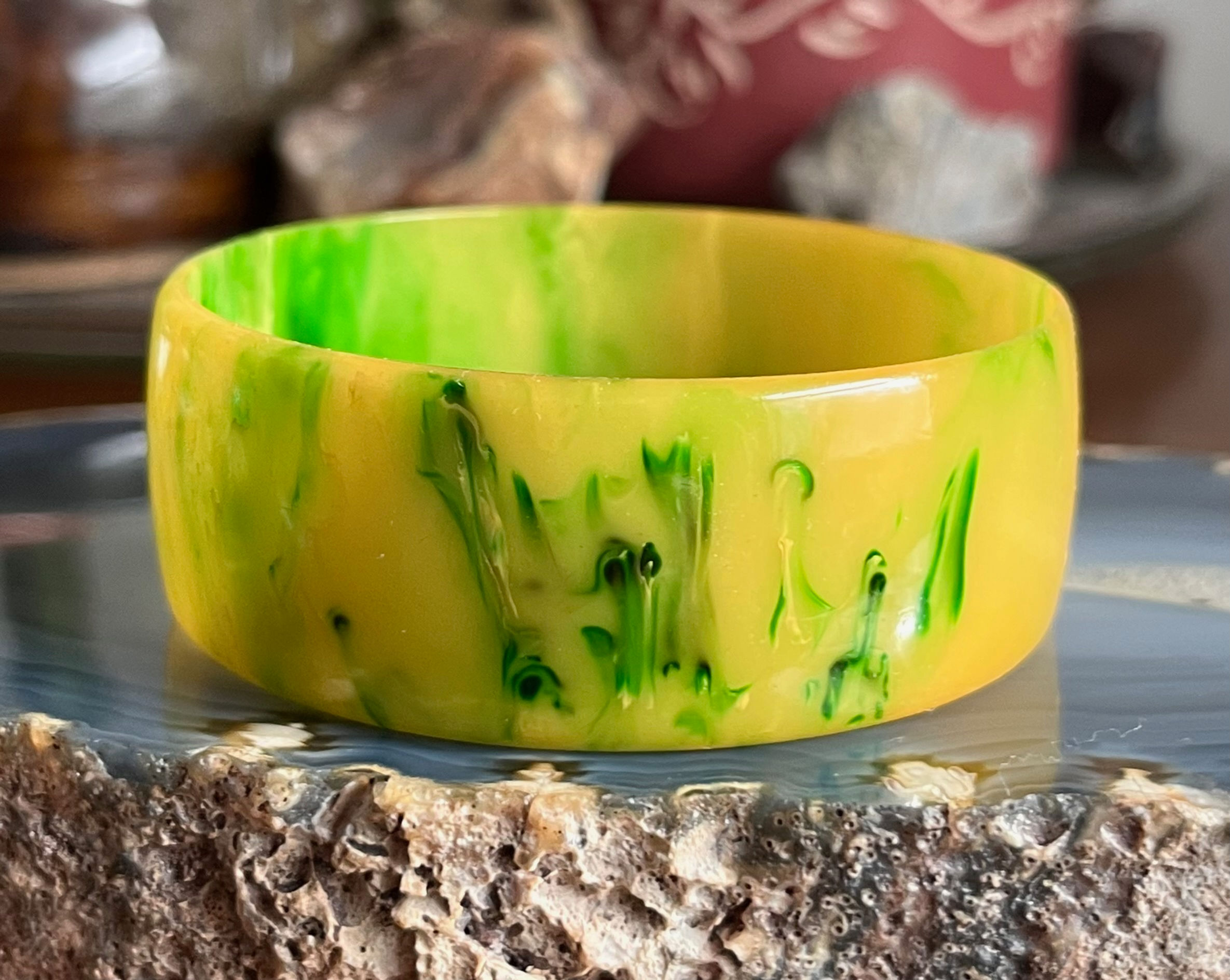 Vintage Custard and Green Marbled Bakelite Bangle Bracelet
