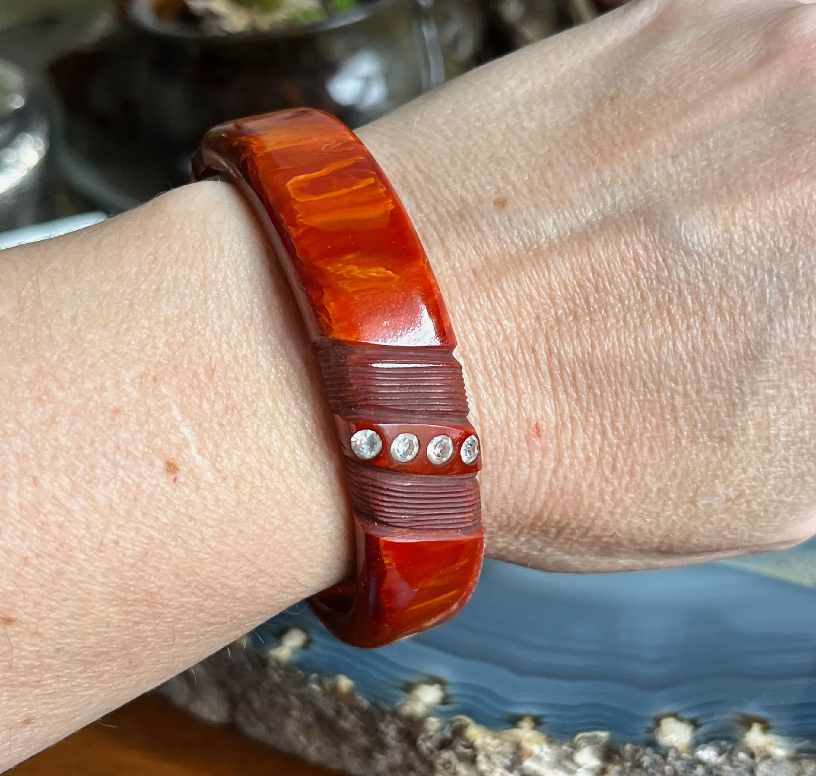Vintage Carved Rhinestone Embedded Ketchup & Mustard Marbled Bakelite Bangle