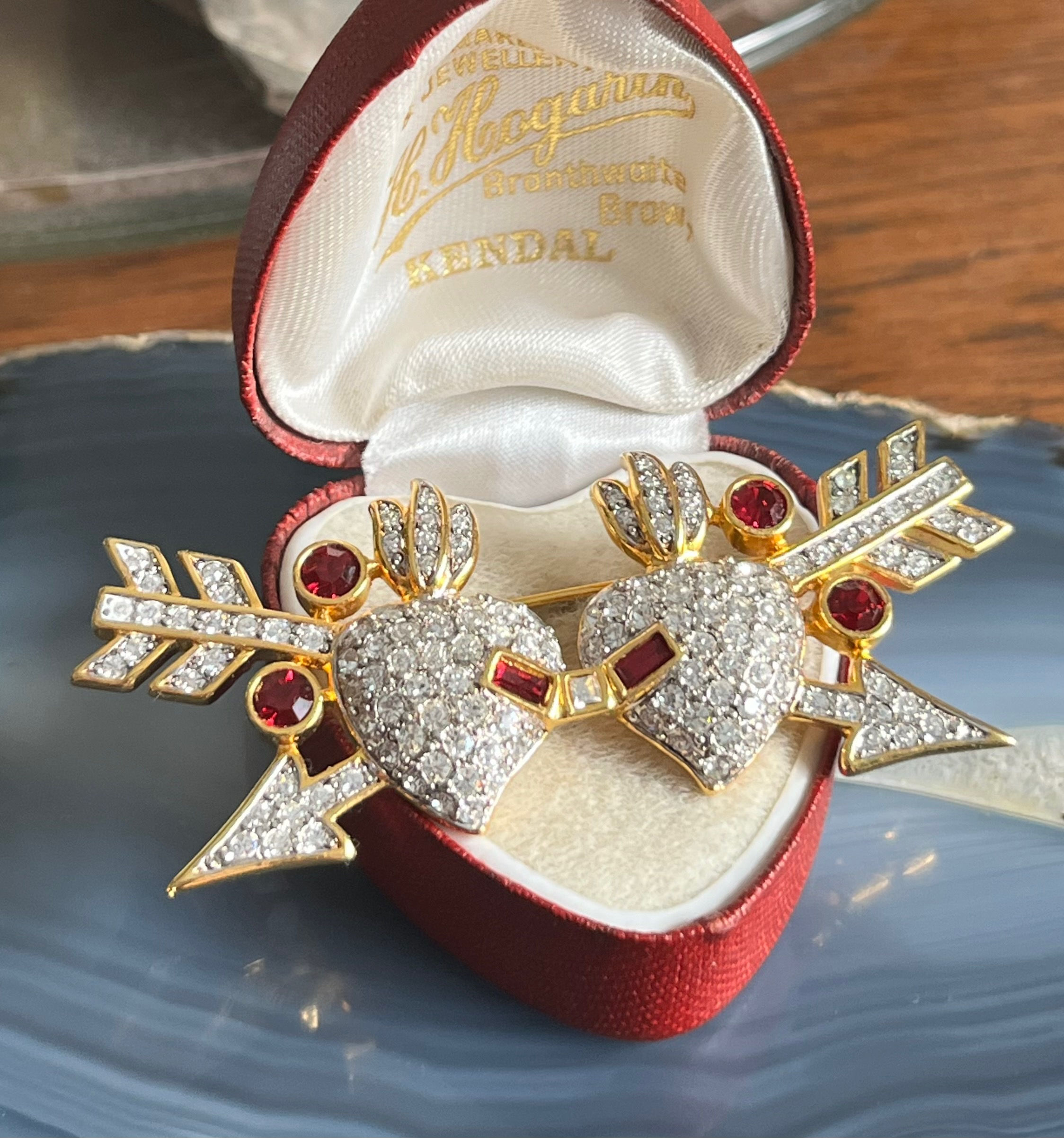 Bold Elegance Signed Sacred Hearts Arrows Rhinestone Brooch