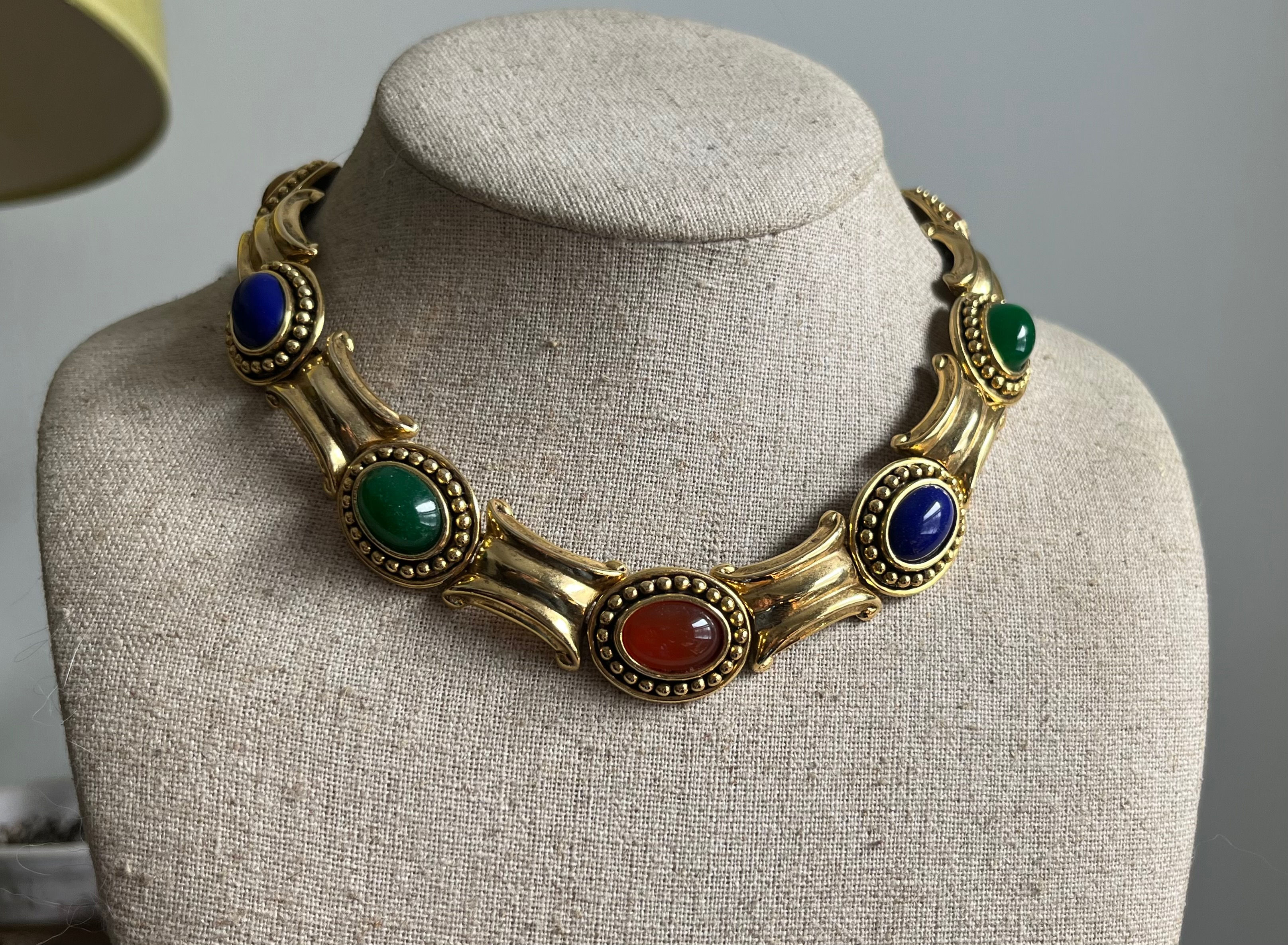 Vintage 1980s or 90s Gold Tone Etruscan Mogul Gemstone Runway Collar Necklace