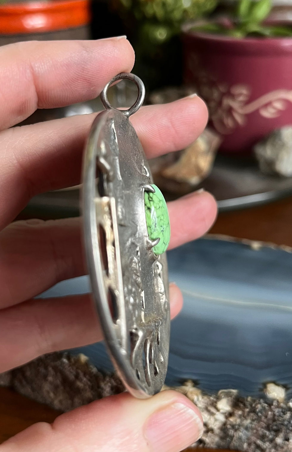 Thumbnail: Vintage Brutalist Sterling Silver Large Statement Pendant with Turquoise Stone