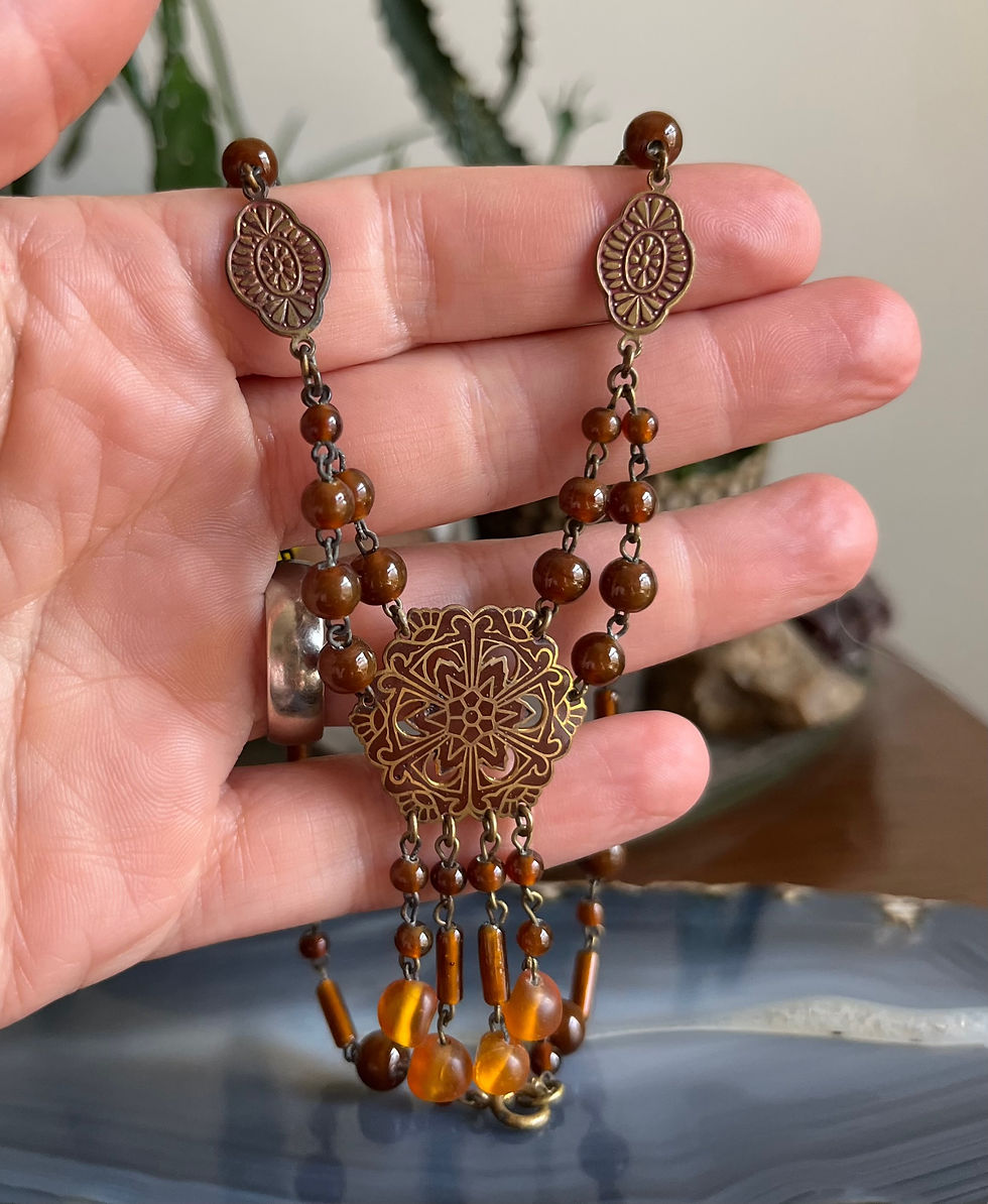Thumbnail: Antique Czech Enamelled Brass Tone Metal Glass Bead Dangling Necklace