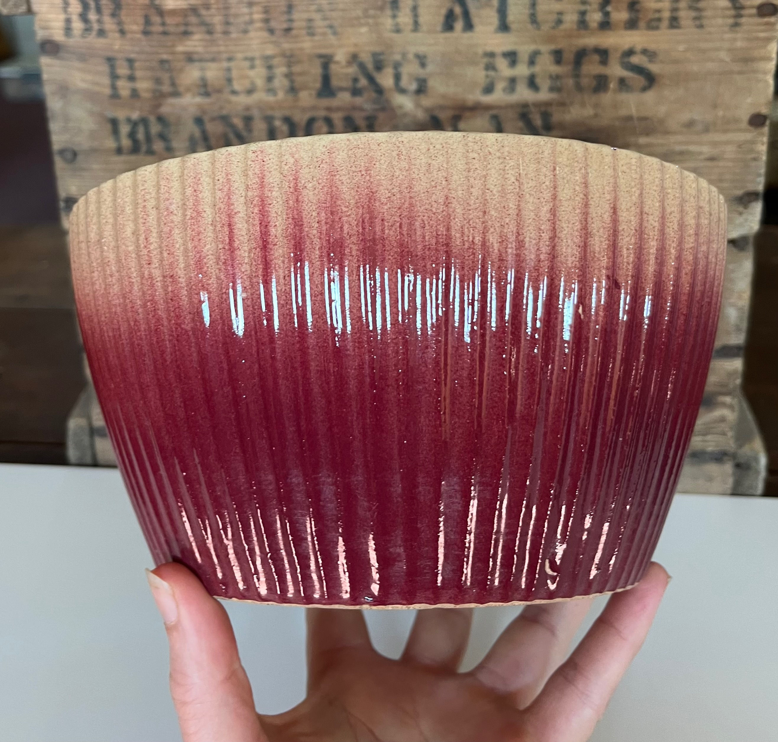 Farmhouse Primitive Medalta Potteries Cranberry Yellow Ware Strainer Colander Be