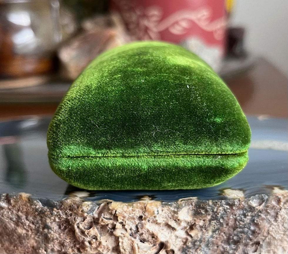 Thumbnail: Antique Green Velvet Mother of Pearl Push Button Jewelry Brooch Display Box