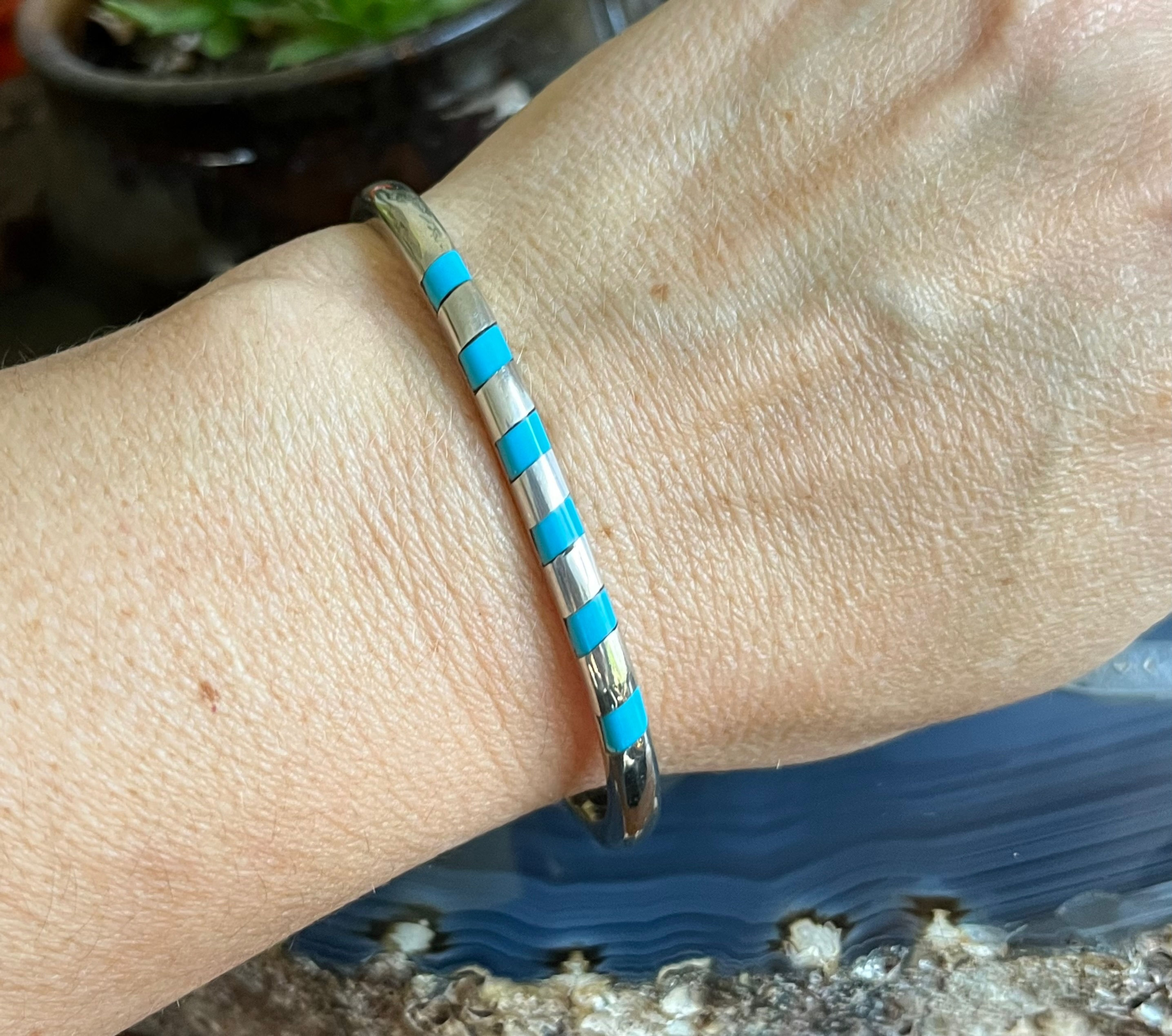 Vintage Mexican Sterling Silver Turquoise Inlaid Clamper Bangle Bracelet
