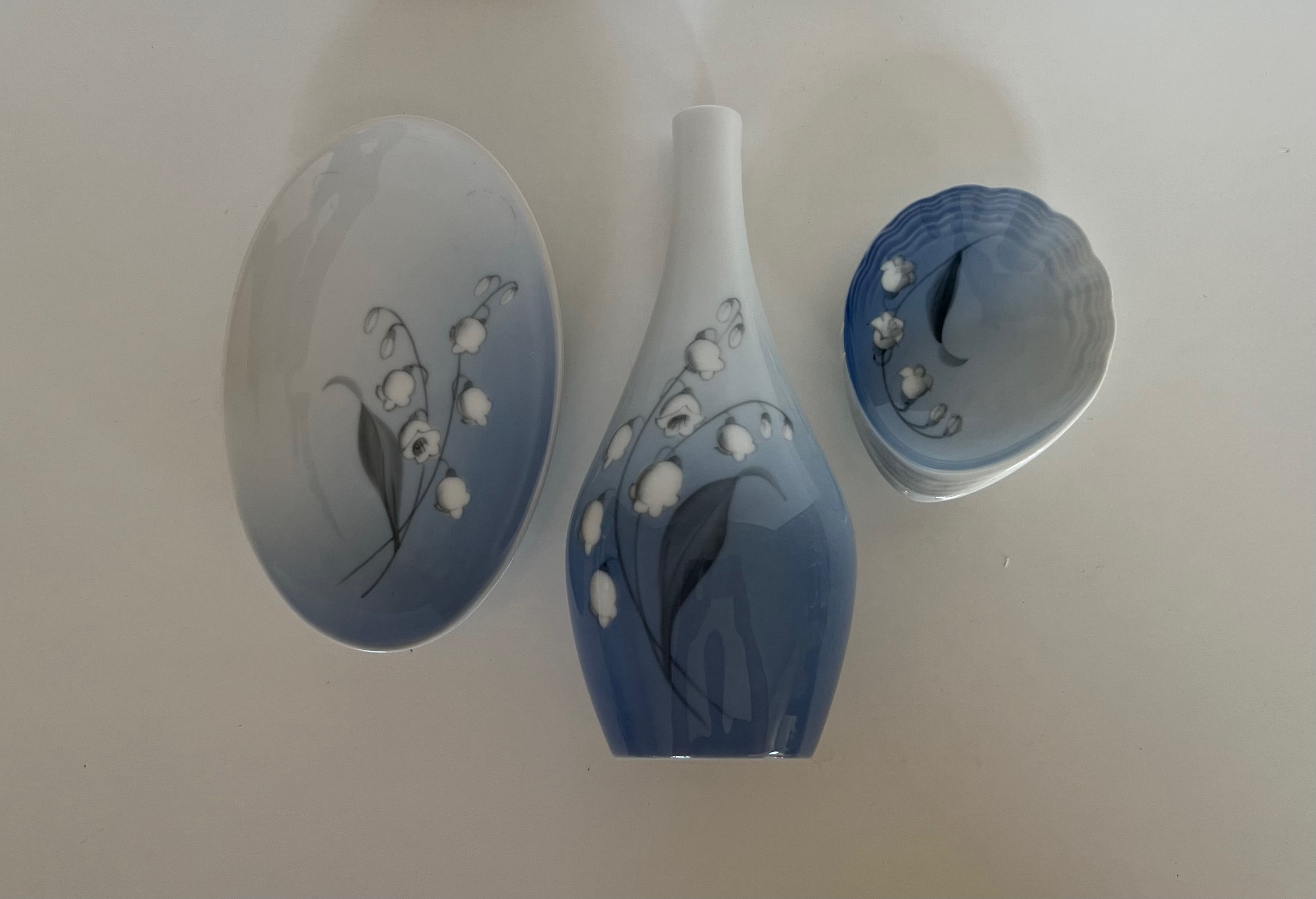 3 Pce Vintage Bing & Grondahl Denmark Lily of the Valley Ring Trinket Dish Vase