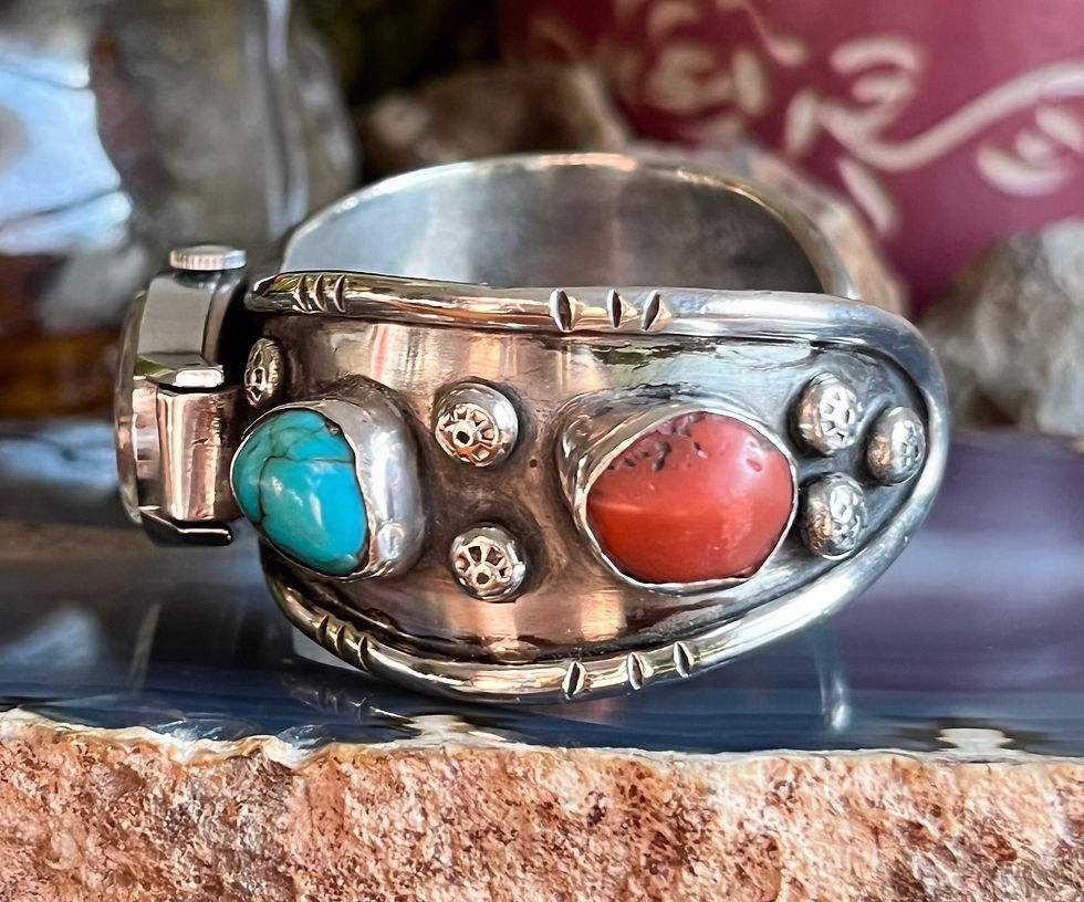 Thumbnail: Vintage Native American Sterling Silver Turquoise Coral Watch Band Cuff
