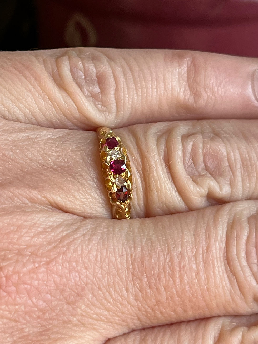 Thumbnail: Antique Victorian 18K Yellow Gold White Sapphire and Ruby Red Spinel Ring