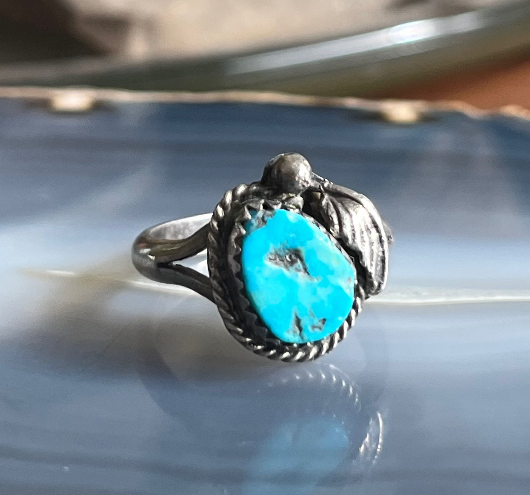 Vintage Native American Navajo Sterling Silver Turquoise Squash Blossom Ring