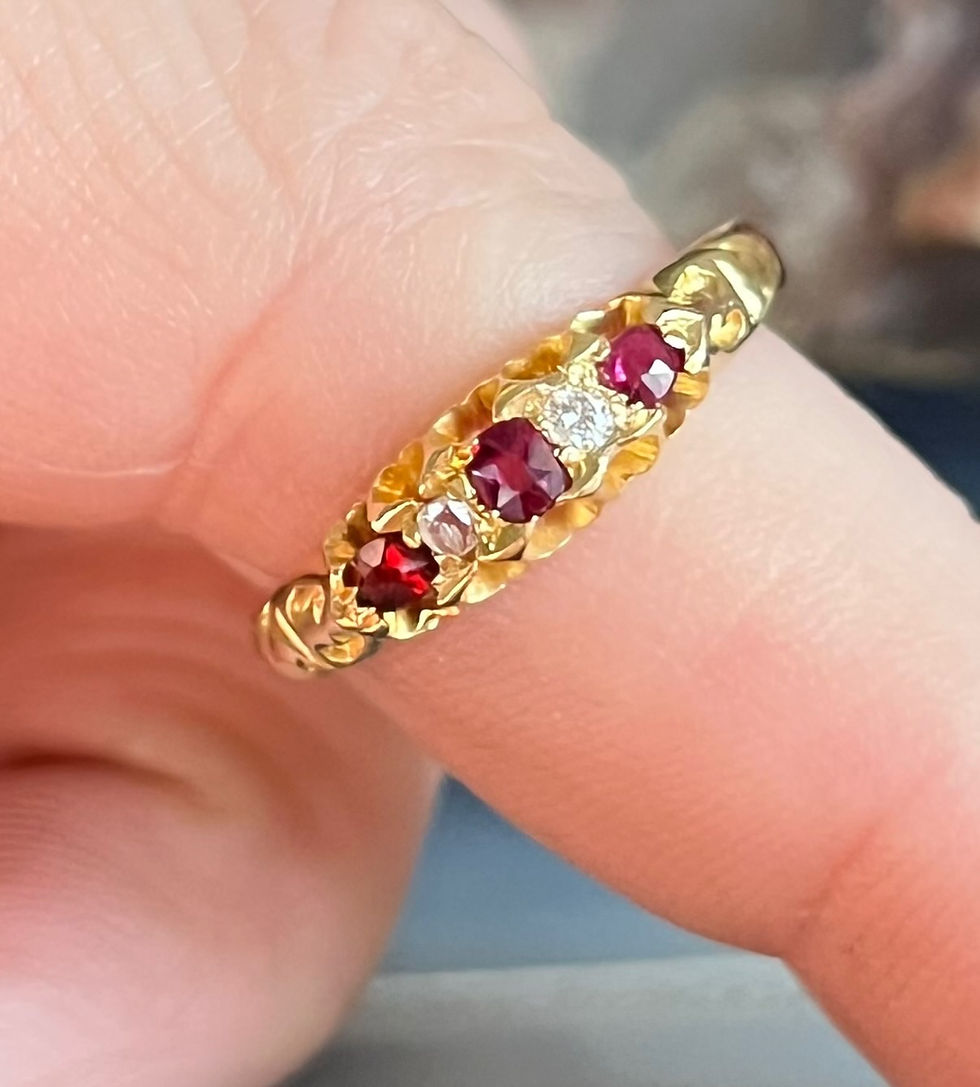 Thumbnail: Antique Victorian 18K Yellow Gold White Sapphire and Ruby Red Spinel Ring