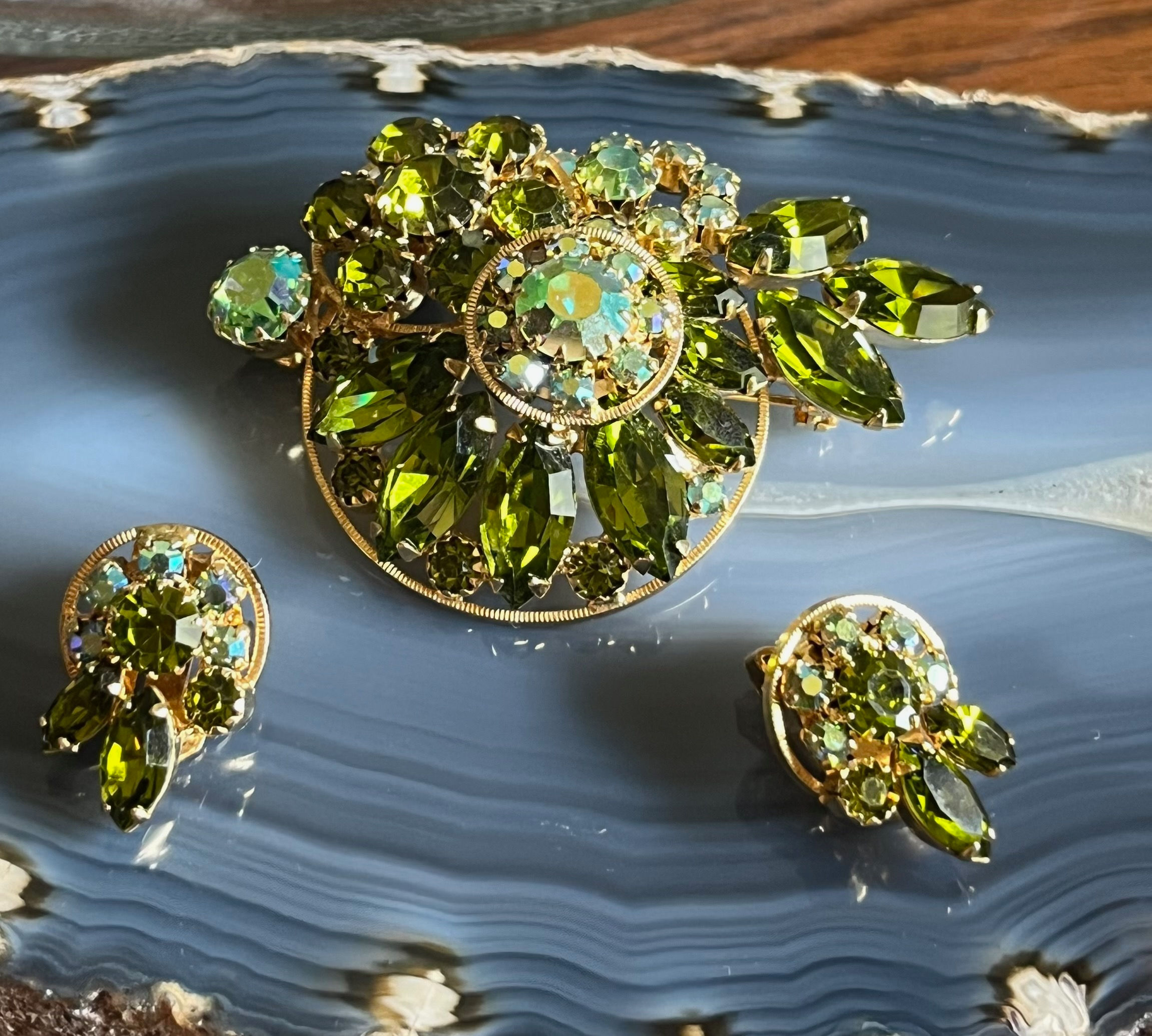 Vintage Continental Olivine Green & Aurora Borealis Rhinestone Brooch Earrings