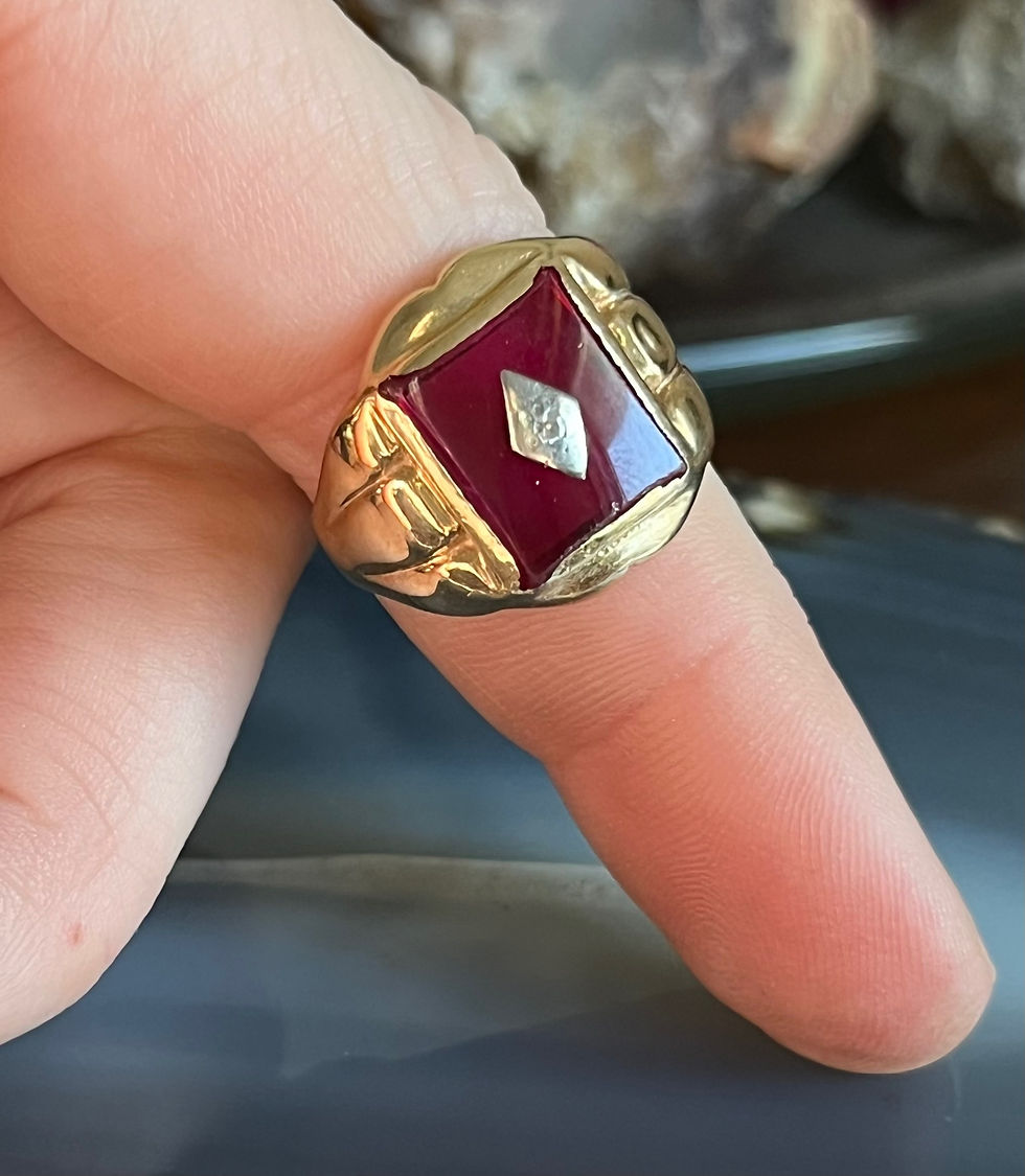 Thumbnail: Vintage Art Deco Style 10K Yellow Gold Ruby Diamond Initial Signet Ring