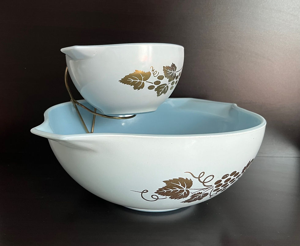 Thumbnail: Vintage Pyrex Golden Grapes Chip and Dip Bowls Delphite Blue Cinderella