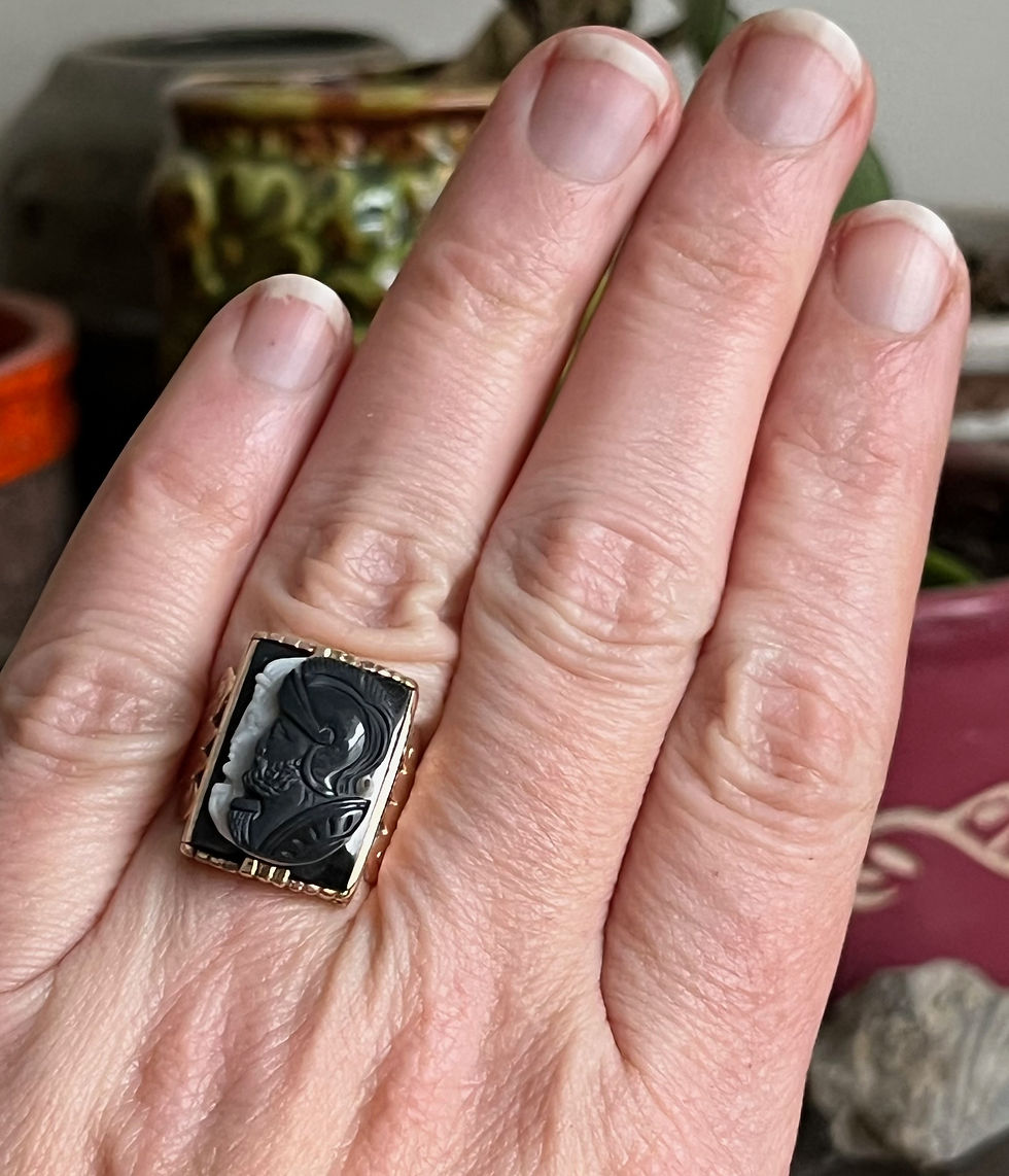 Thumbnail: Antique Victorian Era 10K Rose Gold Carved Agate Roman Soldier Cameo Ring