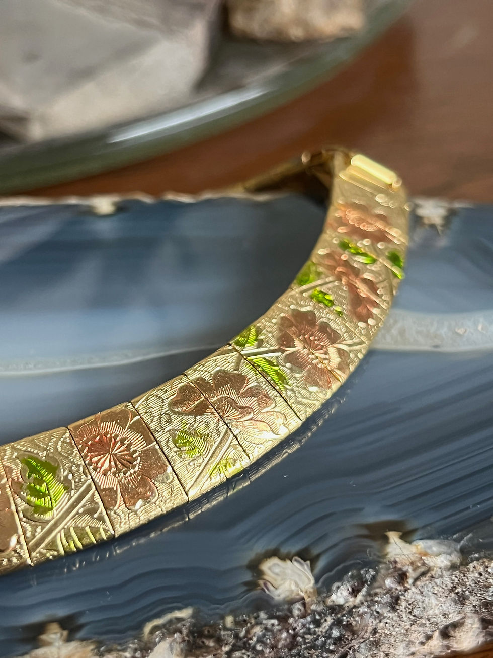 Thumbnail: Vintage Tri Gold Plated Panel Link Art Nouveau Flower Collar Necklace