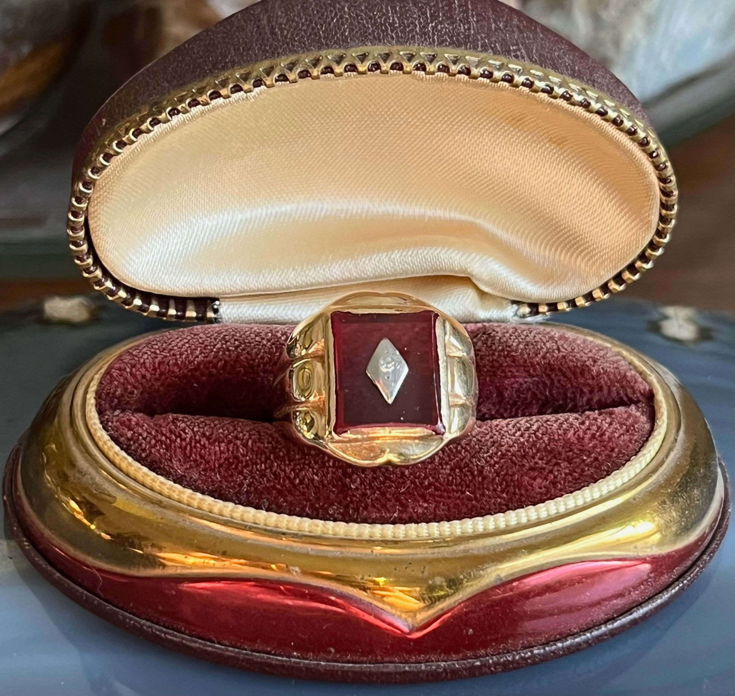 Vintage Art Deco Style 10K Yellow Gold Ruby Diamond Initial Signet Ring