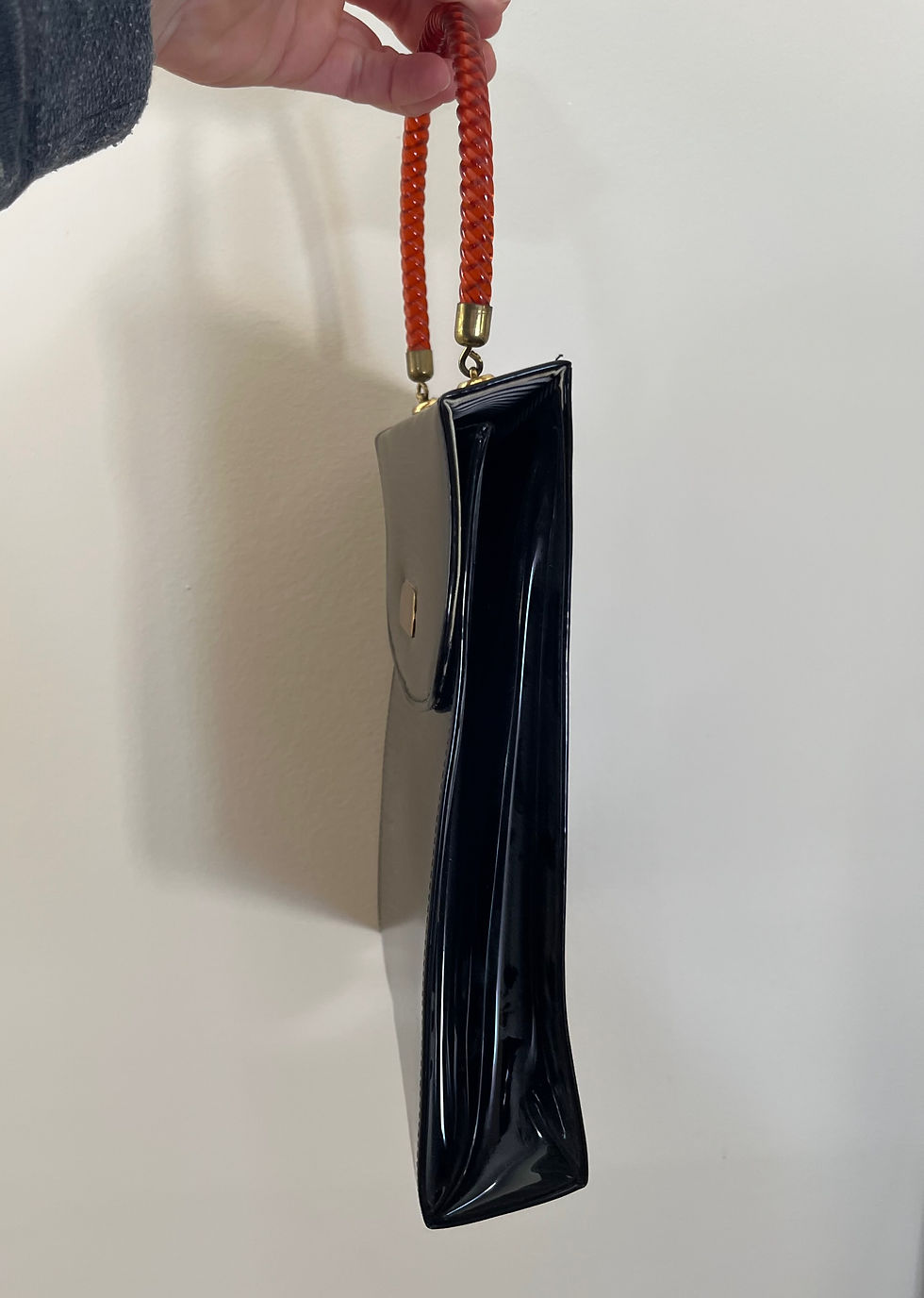 Thumbnail: Vintage 1960s Patent Leather Black Purse Lucite Top Handle Bag