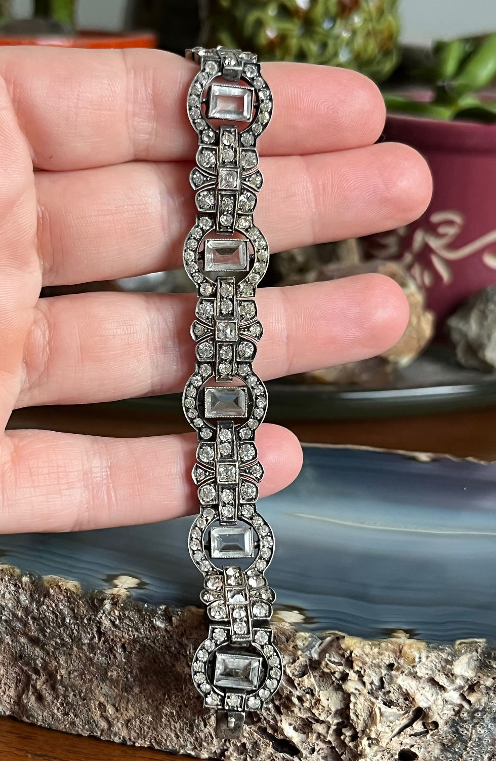 Thumbnail: Antique 1920s Art Deco Period Sterling Silver and Paste Bracelet