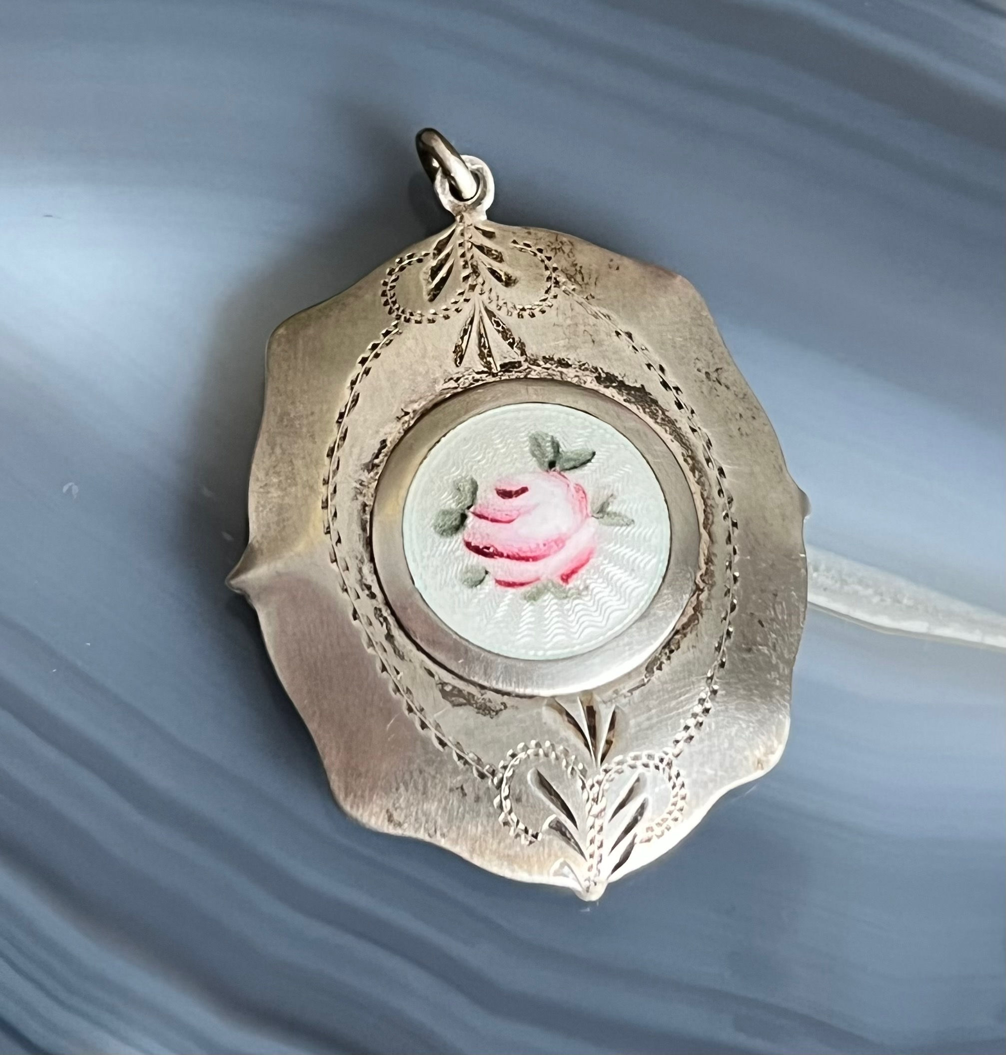 Vintage 1930s Sterling Silver Guilloche Enamel Rose Locket Pendant