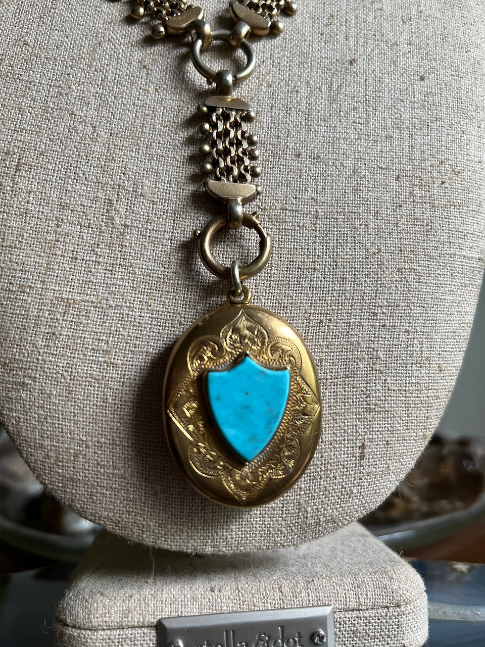 Thumbnail: Antique Victorian Book Chain and Turquoise Shield Locket Necklace