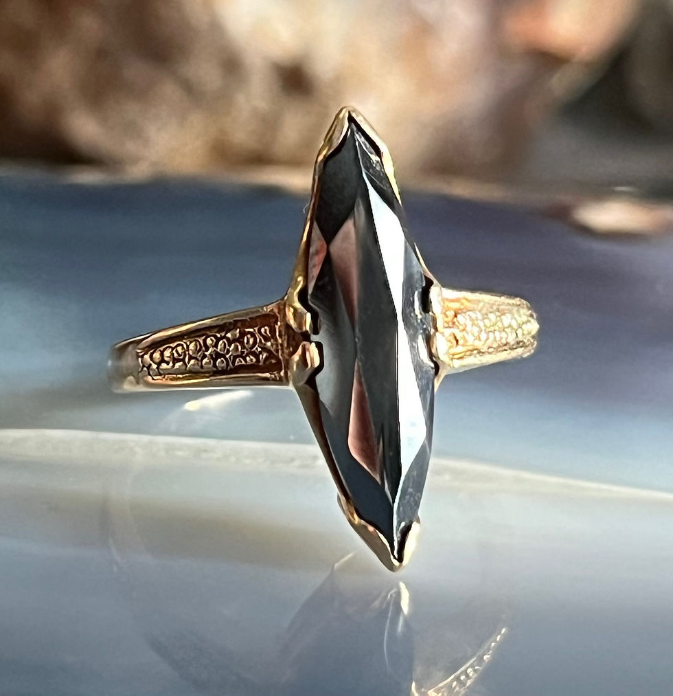 Thumbnail: Vintage MCM 10K Yellow Gold Black Alaskan Diamond Hematite Navette Ring