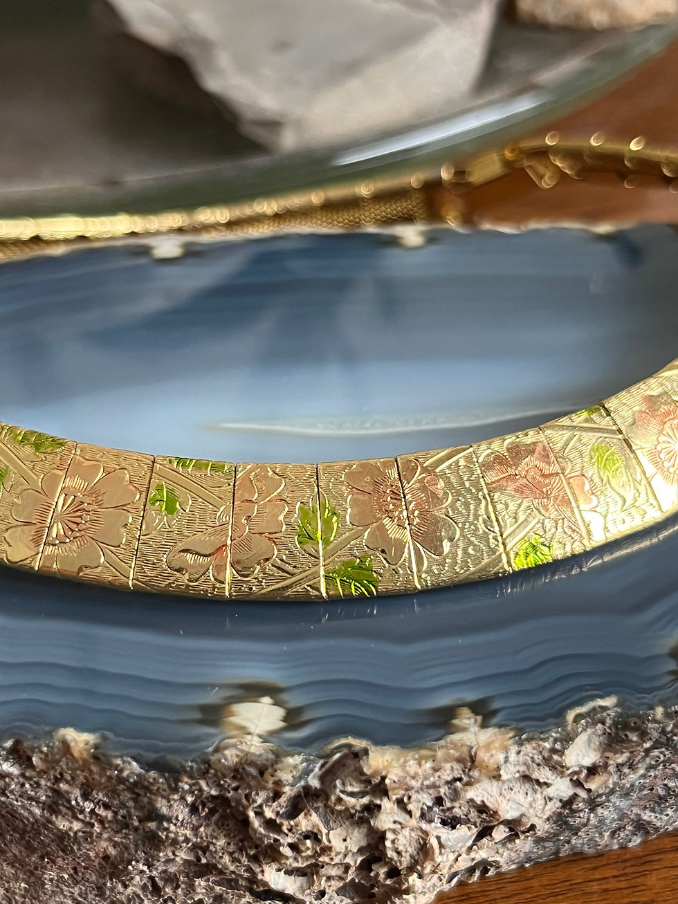 Thumbnail: Vintage Tri Gold Plated Panel Link Art Nouveau Flower Collar Necklace
