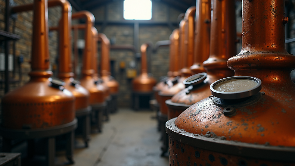 Eye-level view of copper distillation equipment in a rustic workshop