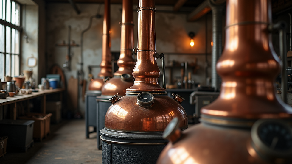 High angle view of copper distillation equipment in a rustic workshop