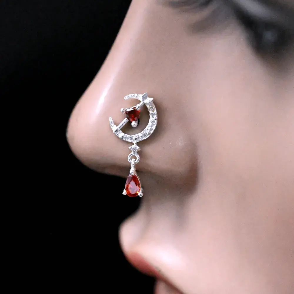 Crescent Moon Ruby Drop Dangle Nose Stud