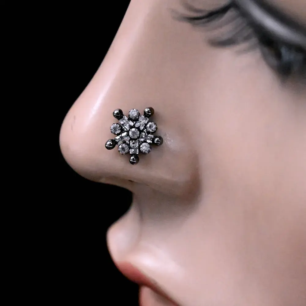 Clear Crystal Black Flower Nose Stud