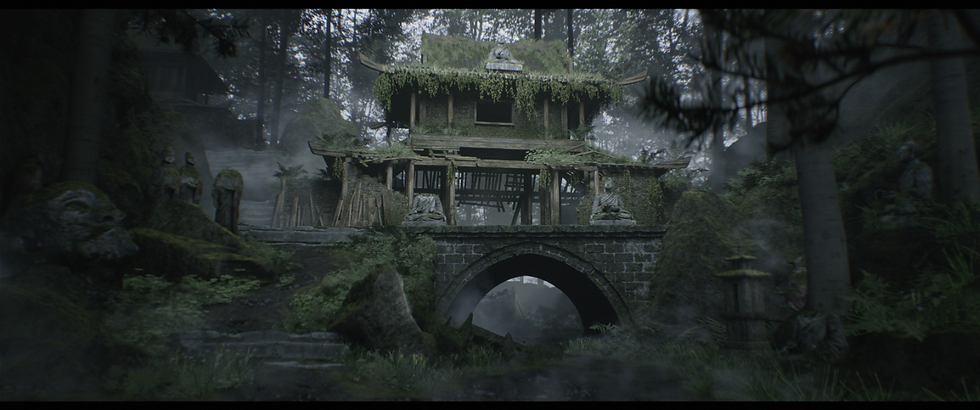 Ancient stone shrine in misty forest, covered in moss. Statues sit by the entrance, creating a mystical atmosphere. 3D Environment Art project by Pablo Gimenez