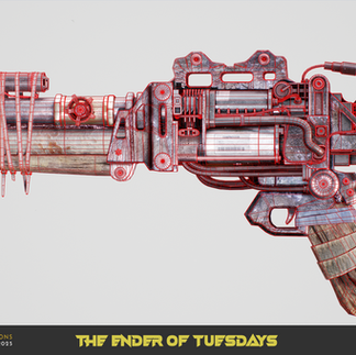 Wireframe of a a detailed, futuristic weapon with a cylindrical component featuring an orange pattern. Text reads "The Ender of Tuesdays."