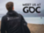 Back view of a person in a "Sierra Division" hoodie near a beach. Text reads "Meet us at GDC." Golden Gate Bridge in background. Featuring Jacob Norris.