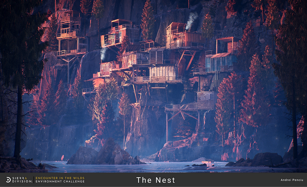 Treehouse village on cliffside with smoke rising from chimneys. Surrounded by tall trees, dusk lighting, and a rocky foreground. Text: The Nest.