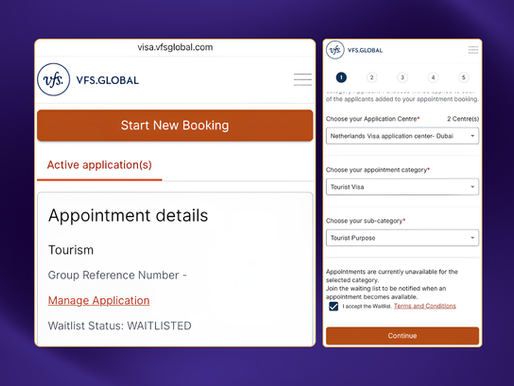 Screenshot of VFS.Global visa appointment booking portal showing two screens: an active application with 'Waitlisted' status for a Netherlands Tourist Visa, and the appointment booking form with Application Centre, category, and sub-category dropdown selections