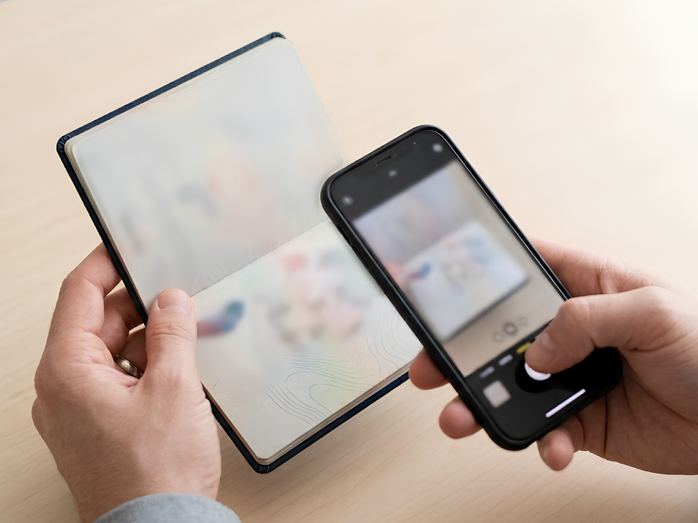 Hands scanning an old passport's visa page with a phone to preserve travel history before renewal