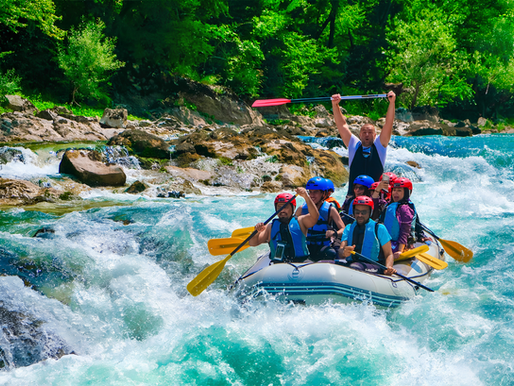 Group white-water rafting through turquoise rapids on the Tara River, surrounded by lush forest in Montenegro.