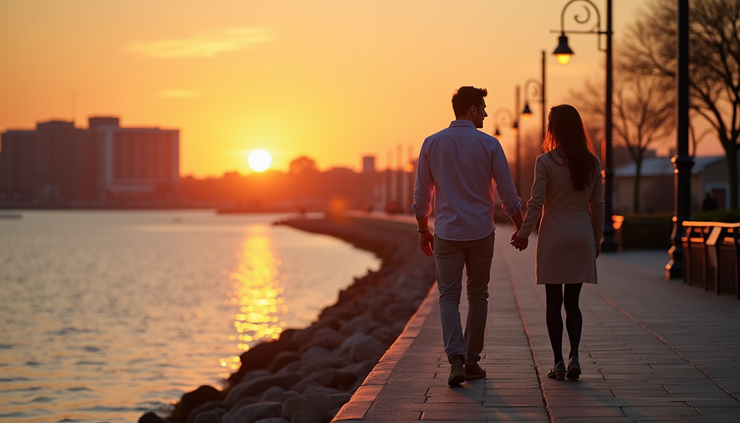 Eye-level view of a couple holding hands walking along a scenic Boston waterfront at sunset