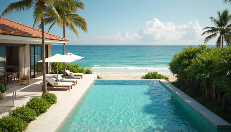 High angle view of a luxury beachfront rental property with a pool and outdoor seating