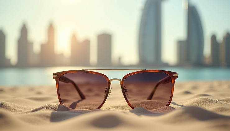 Eye-level view of stylish sunglasses resting on a sandy beach in Dubai
