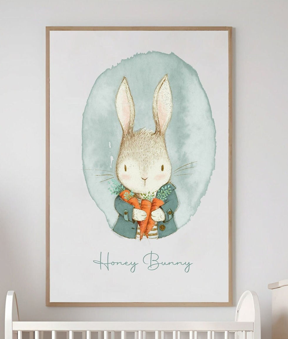 Thumbnail: Nursery Wall Print, Wallart Digital Print Bunny & Carrot Design New Baby