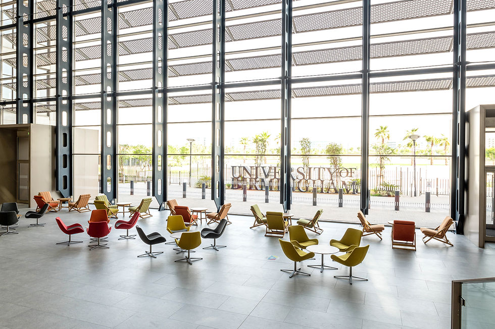 The University of Birmingham Dubai campus was designed to create an inspiring environment for learning, collaboration and student life. Office Inspirations worked alongside Orangebox to furnish the new campus with flexible solutions across study, social and teaching spaces.
From the welcoming atrium and digital-focused library to collaborative learning areas, the furniture selection was designed to support different ways of learning and working. The result is a contemporary educational environment that combines comfort, flexibility and functionality while reflecting the character of the University’s Birmingham campus.