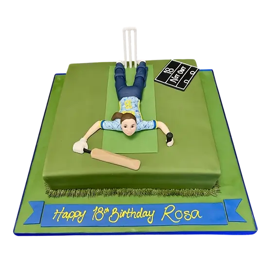 Bespoke cricket-themed celebration cake featuring Warwickshire Ladies logo, set in Solihull, West Midlands.