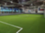 Indoor soccer turf field with Texas flag on the wall.