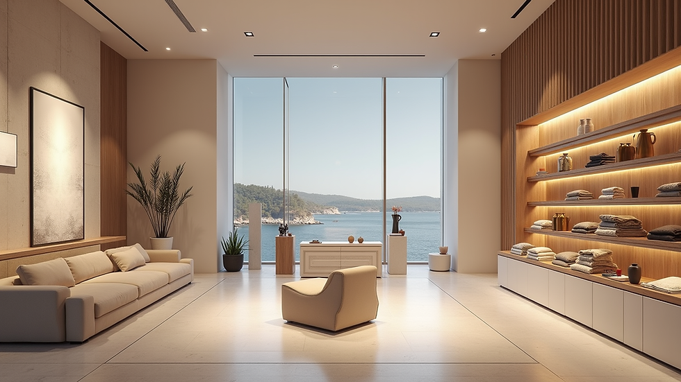 Vue en plongée d’un espace de vente moderne avec des supports marketing variés et bien intégrés