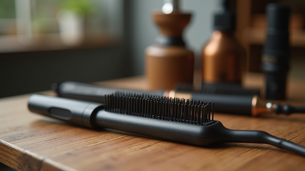 Close-up view of hair styling tools on a wooden table