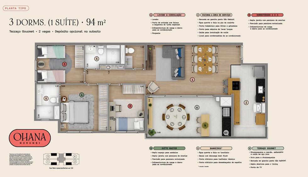 Planta 94m² 3 Dormitórios 1 Suíte
