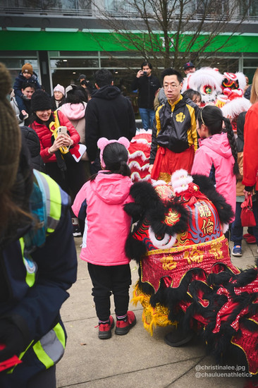 Spectators take photos with lion dancers