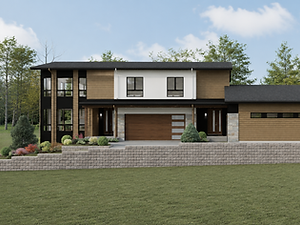 Modern hillside home with stepped foundations and expansive windows designed to follow the natural slope of the site.