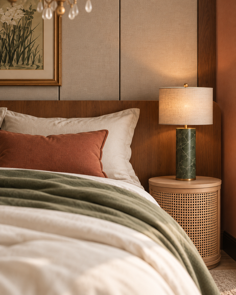 Cozy bedroom with lamp and decorative pillows.
